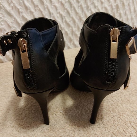 Gold Studded Double Ankle Strap Bootie Heels, Back Zip - Picture 4 of 8